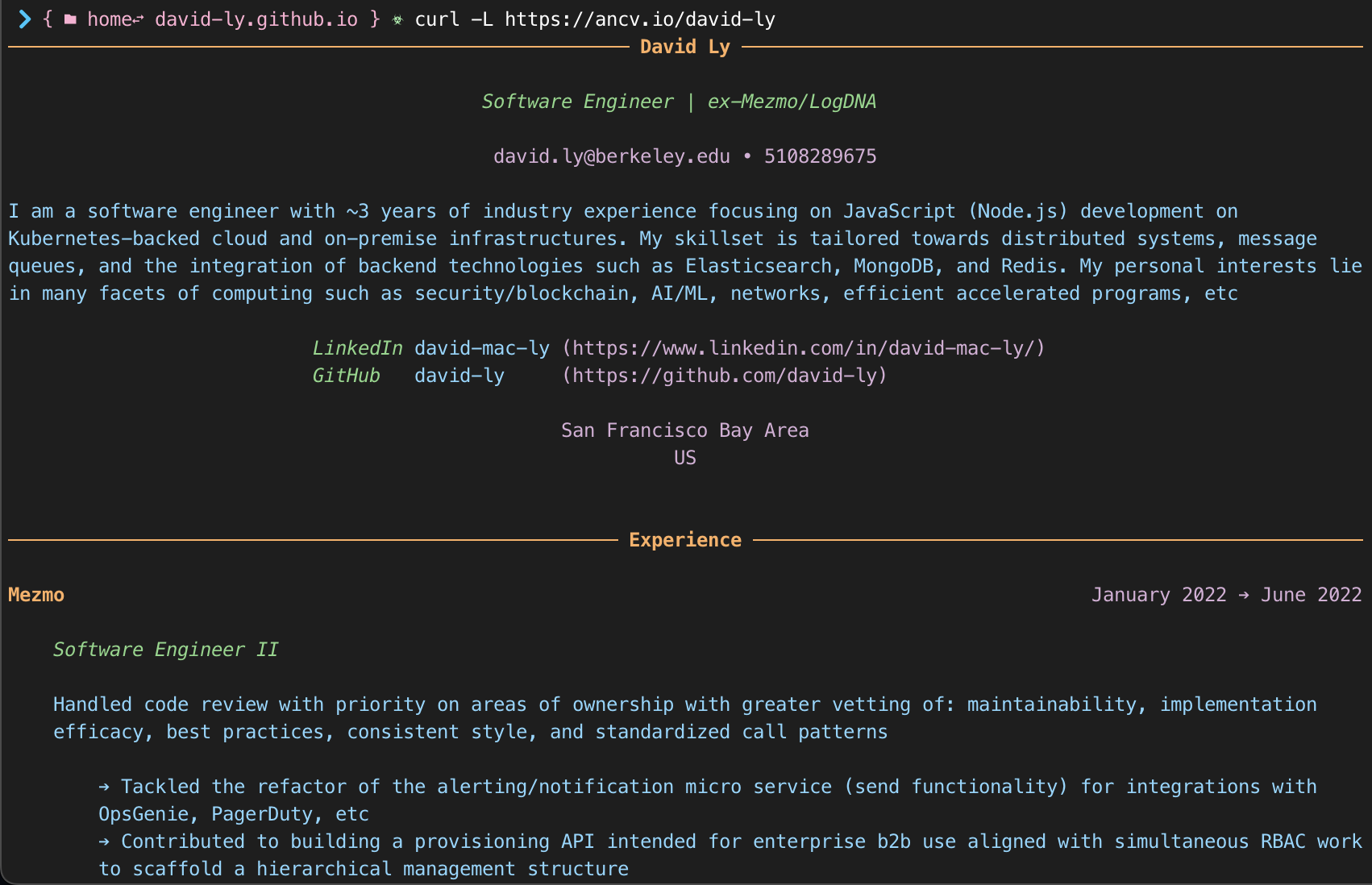 ANSI Rendered JSON Resume/CV